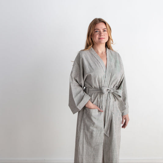 Gita Robe/ Wrap Dress, mustard pinstripes