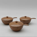 Three handmade teak wood pots with lids and spoons