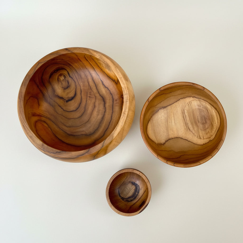 Three handcrafted wooden bowls of different sizes 