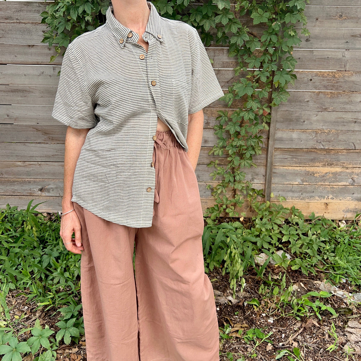 Krishna Button-Up Top, black & white pinstripes