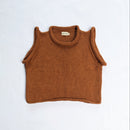 A brown knit sleeveless crop top with a roll neck, laid flat on a white background.