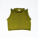 An olive green ribbed knit sleeveless crop top laid flat 