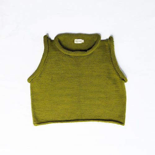 An olive green ribbed knit sleeveless crop top laid flat 