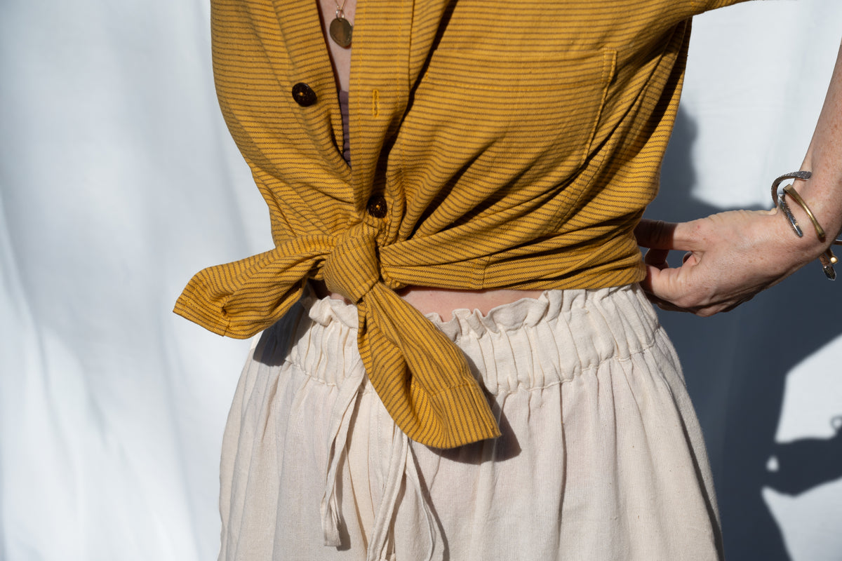 Krishna Button-Up Top, mustard pinstripes