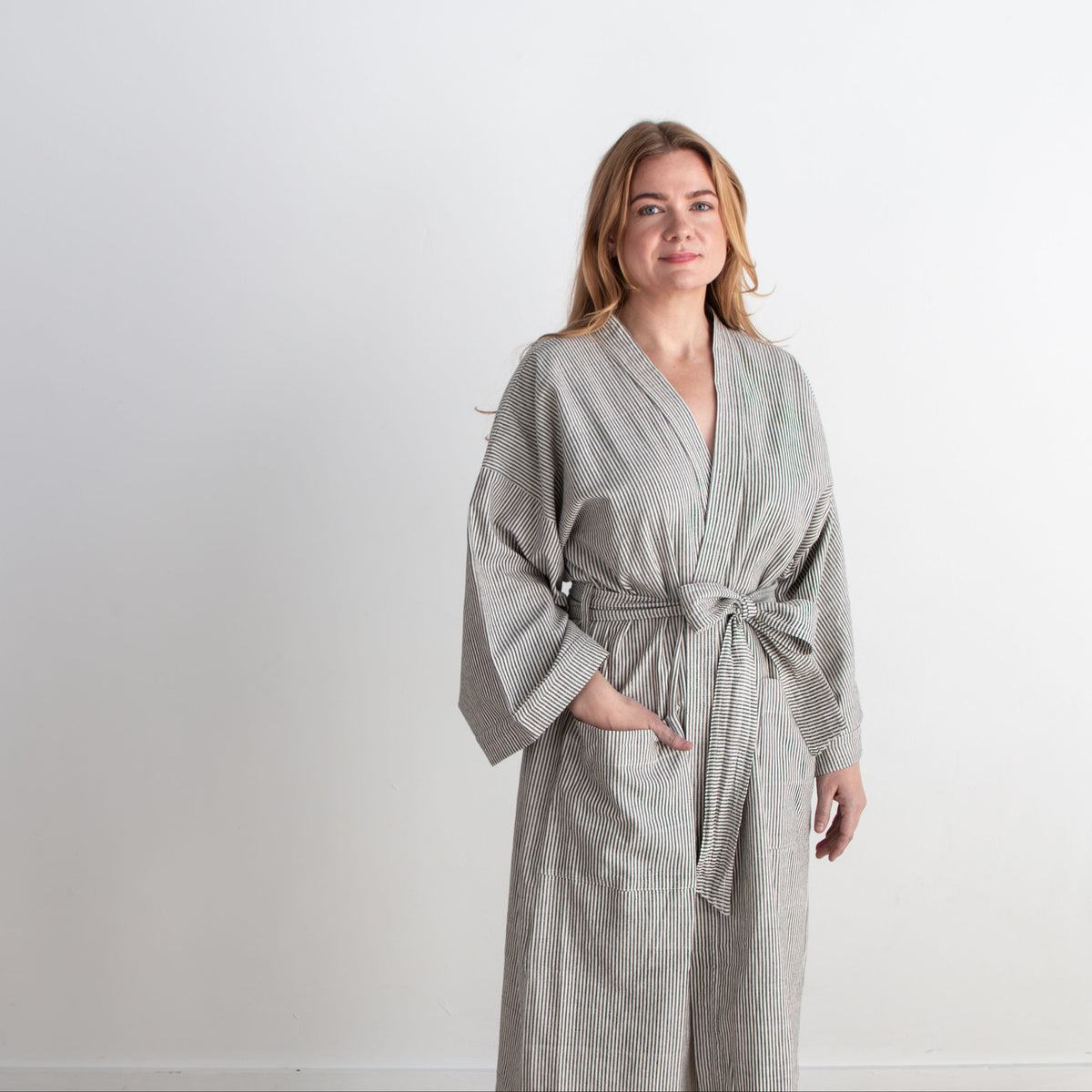 Gita Robe/ Wrap Dress, mustard pinstripes