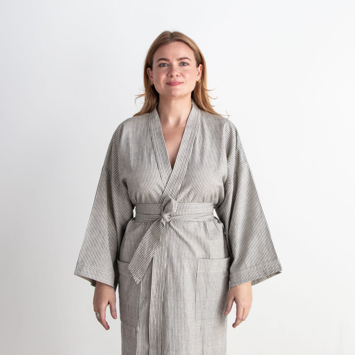 Gita Robe/ Wrap Dress, black & white pinstripes