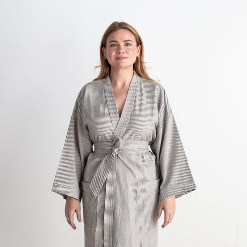 Gita Robe/ Wrap Dress, black & white pinstripes