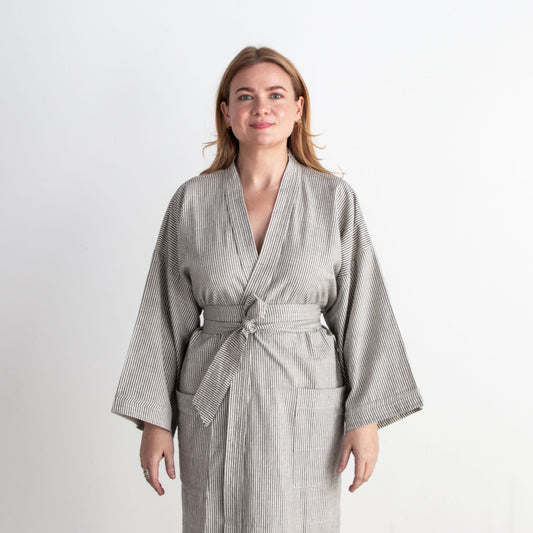 Gita Robe/ Wrap Dress, black & white pinstripes