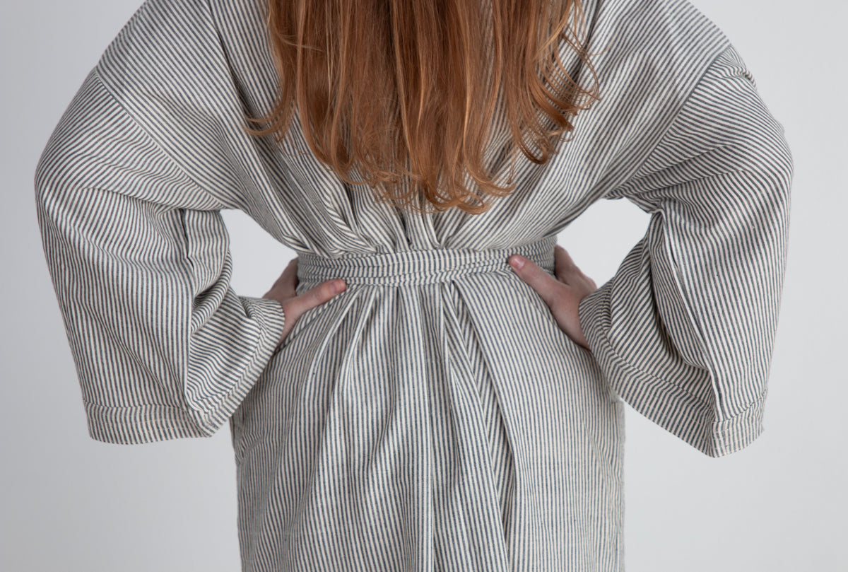 Gita Robe/ Wrap Dress, black & white pinstripes