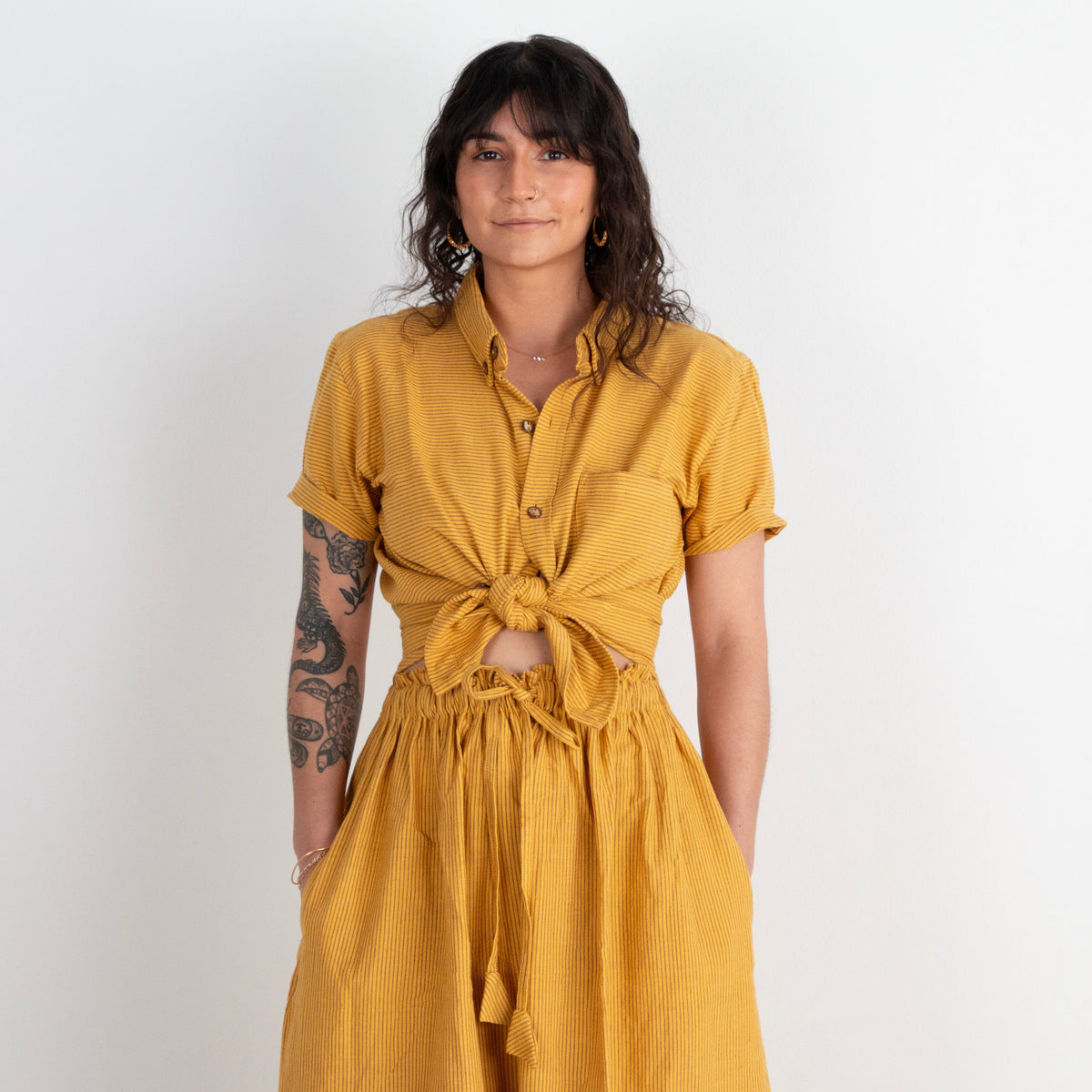 Krishna Button-Up Top, mustard pinstripes