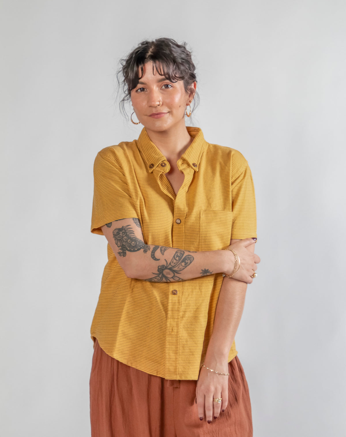 Krishna Button-Up Top, mustard pinstripes