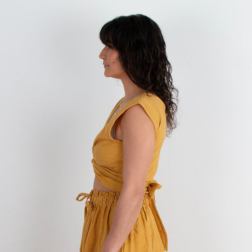 Simran Reversible Wrap Top, mustard pinstripe