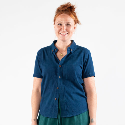 Krishna Button-Up Top, black & white pinstripes
