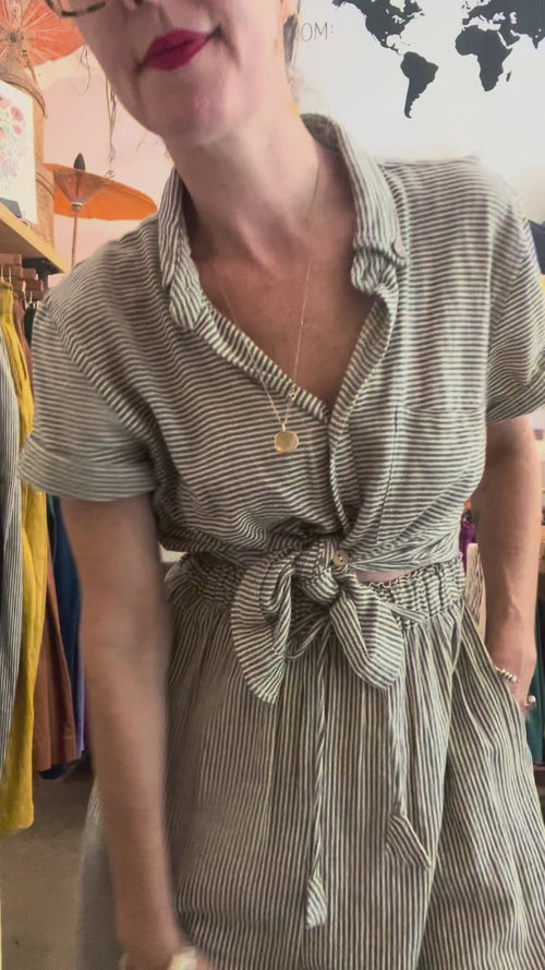 Krishna Button-Up Top, black & white pinstripes