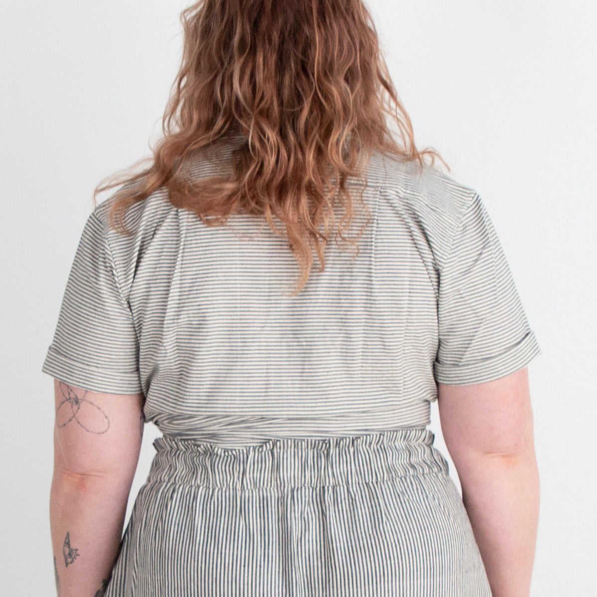 Krishna Button-Up Top, black & white pinstripes