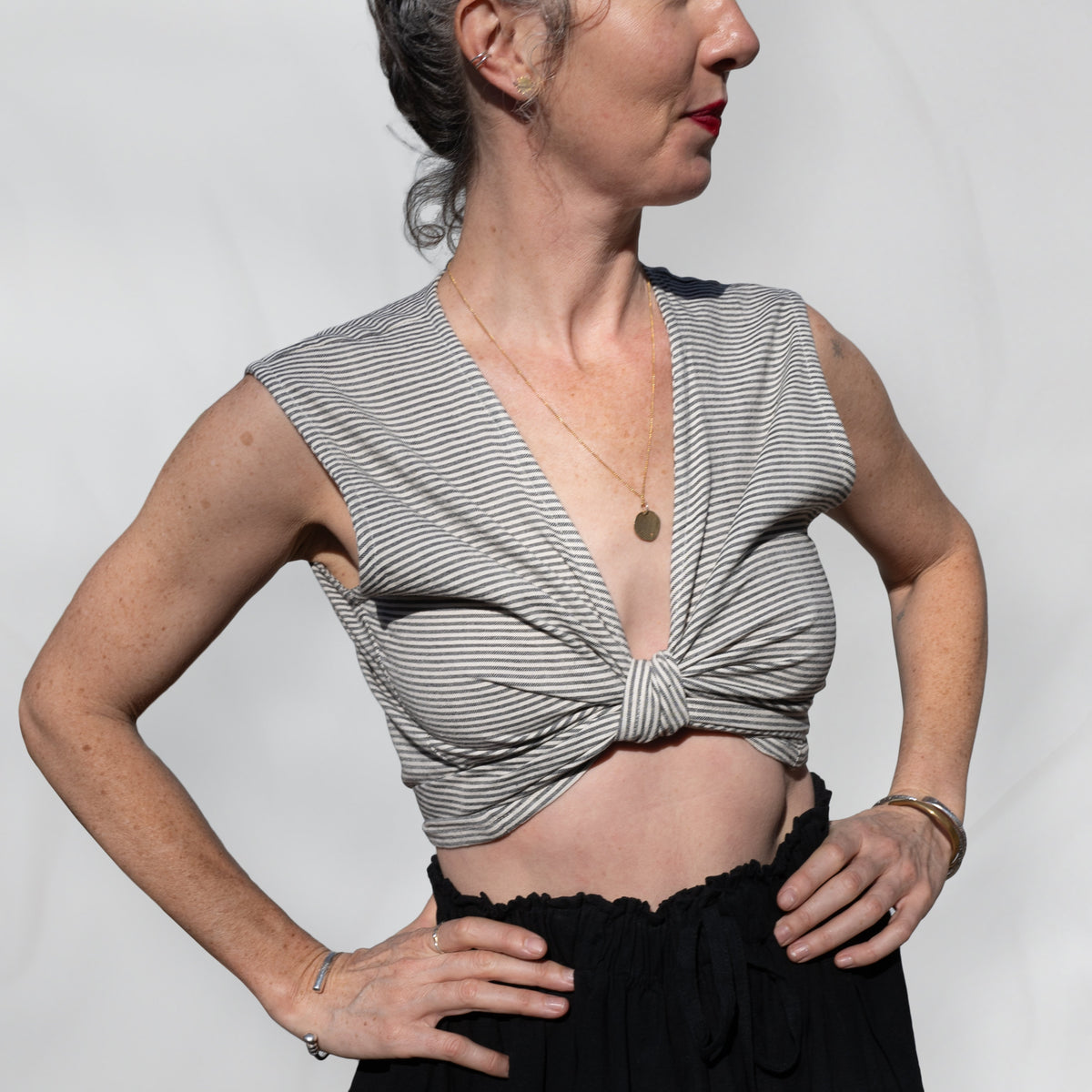 Simran Reversible Wrap Top, black & white pinstripe